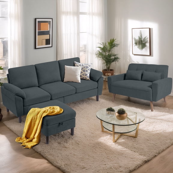 Pingliang Home Sectional Sofa Furniture Set, L Shaped Couch with Storage Ottoman & Loveseat with 2 Throw Pillows, Modern Linen 3 Seat Sofa and 2 Seat Couch for Living Room Apartment Office Studio