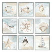 Stupell Industries Nautical Sea Life Beach Theme Boats Seashells Graphic Art Gray Framed Art Print Wall Art, Set of 9, Design by unknown