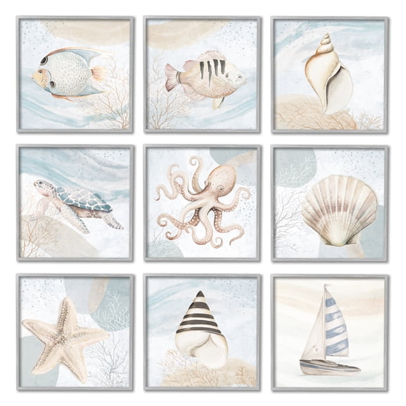Stupell Industries Nautical Sea Life Beach Theme Boats Seashells Graphic Art Gray Framed Art Print Wall Art, Set of 9, Design by unknown