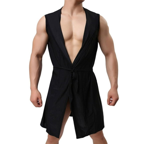 Defitshape Men's Summer Hooded Robe Sleeveless Bathrobe Comfy Soft Fall Lightweight Sleeping Gown Loose Fit Flowy Spring Loungewear Stretchy Thigh Length Sleepwear Black Small