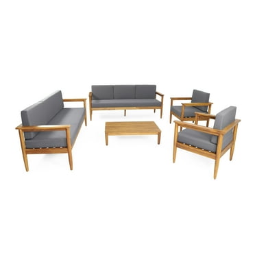 GDF Studio Plumb Outdoor Acacia Wood 8 Seater Chat Set with Cushion, Teak and Dark Gray
