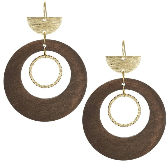 Brown Wood Donut & Gold Boho Statement Earrings, Hypoallergenic Earwires