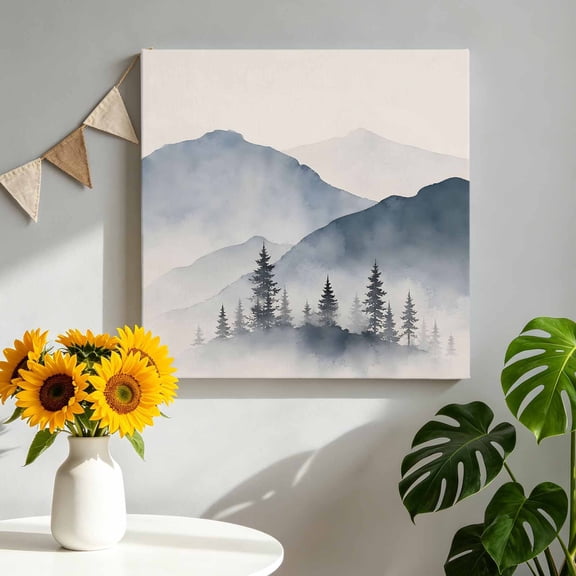 Canvas Wall Art Misty Mountains Canvas Art Print Rustic Pine Trees Blue Foggy Valley Landscape Pictures Wall Decor for Living Room Bedroom Artwork Decorations Stretched Framed Ready to Hang 8"x8"