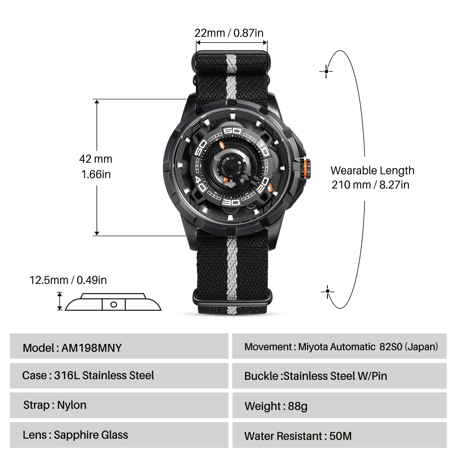 BERNY Mens Skeleton Automatic Watch, Luxury Fashion Self Winding Mechanical Watch with Nylon Strap, Exhibition Caseback, Sapphire Crystal, Luminous 50M Waterproof Watches for Mens Gifts (Black)