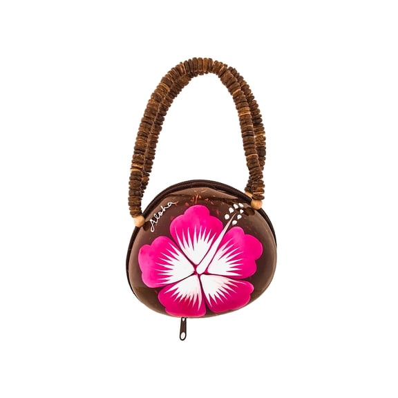 Women's Coconut Shell Pink Painted Flower Handbag Coin Purse, Brown