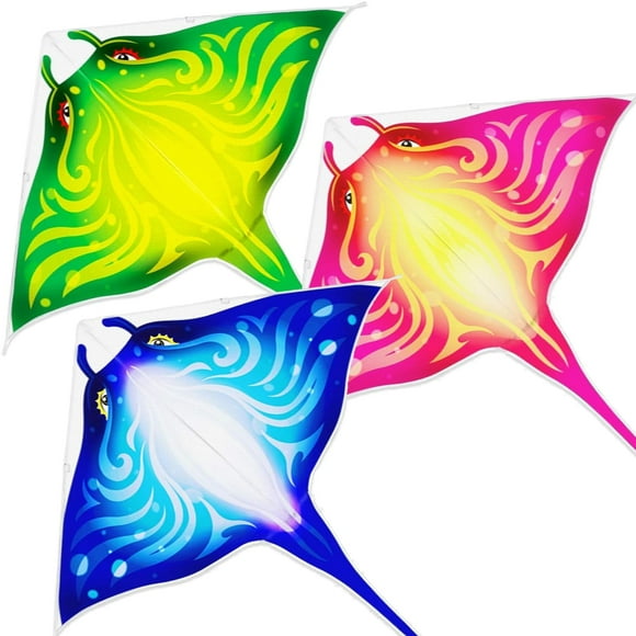 Mint's Colorful Life 3 Pack Devil Fish Kite for Kids Adults,Easy to Fly Delta Kite Single Line Large, Kite Handle Include (Blue&Green&Pink)