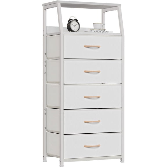 White Tall Dresser for Bedroom, 5 Fabric Bins Tall Nightstand