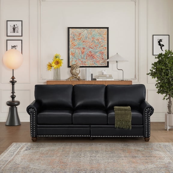 Modern Living Room Black Faux Leather 3-Seater Sofa 82.65L x 31.89W x 34.5H