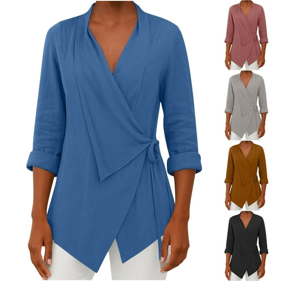 Yxbdin Plus Size Lapel Womens Blouses Dressy Cotton Linen Long Sleeve Wrap Tops Side Knot Irregular Hem Tunic Shirt Elegant Formal Outfits Black S