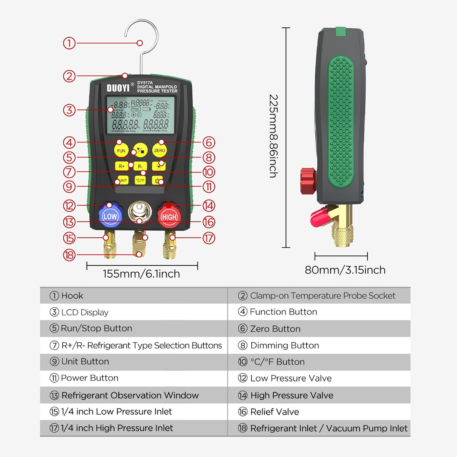 Refrigeration Digital Manifold Gauge Set HVAC Pressure Meter Kit 2-Valve Vacuum Temperature Tester Air Conditioning Diagnostic W/ Accessories 89 types R134a R410a Refrigerants for Home Car, DY517A