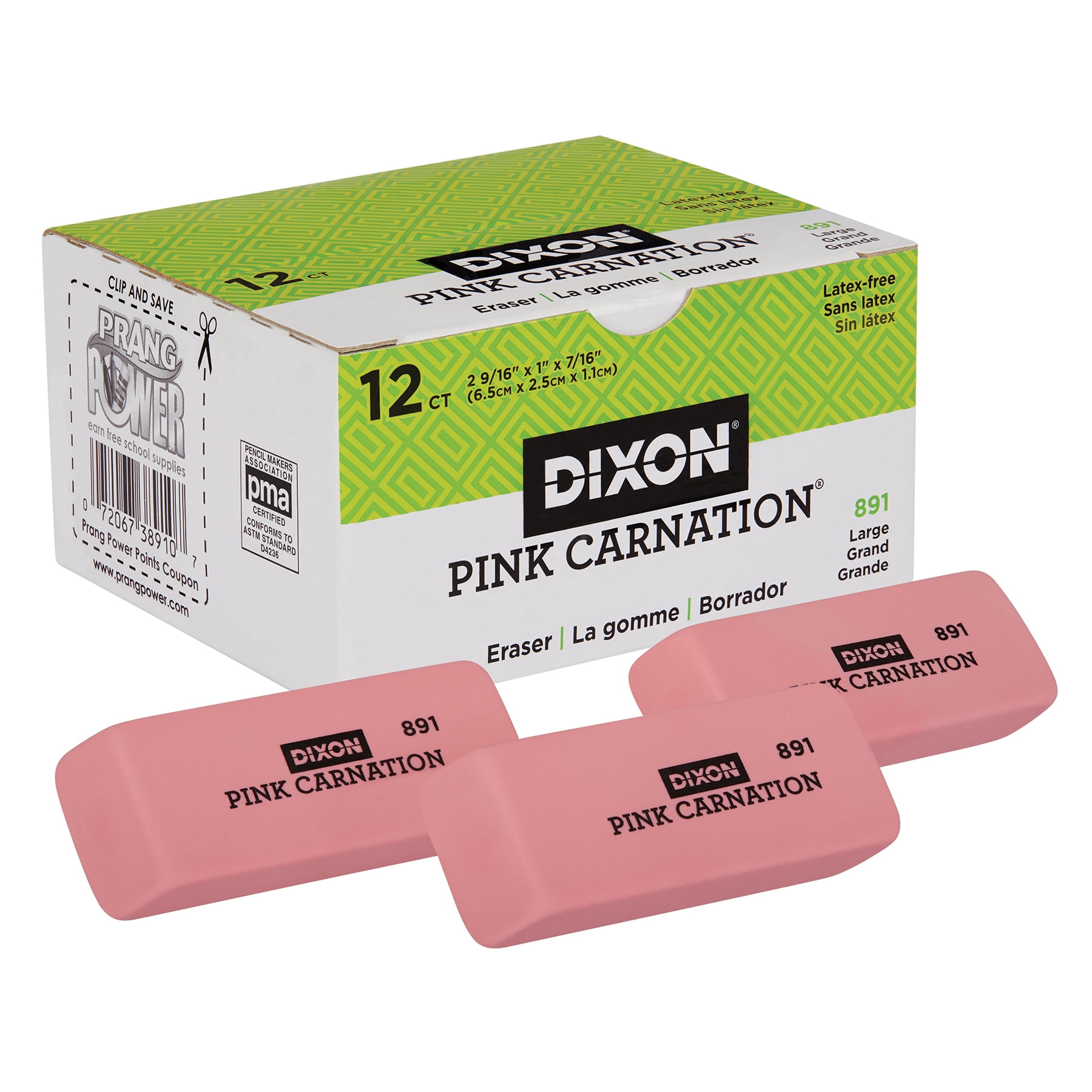 Dixon Pink Carnation Erasers, Large, 2-9/16 x 1 x 7/16, 12 Per Pack, 3 Packs