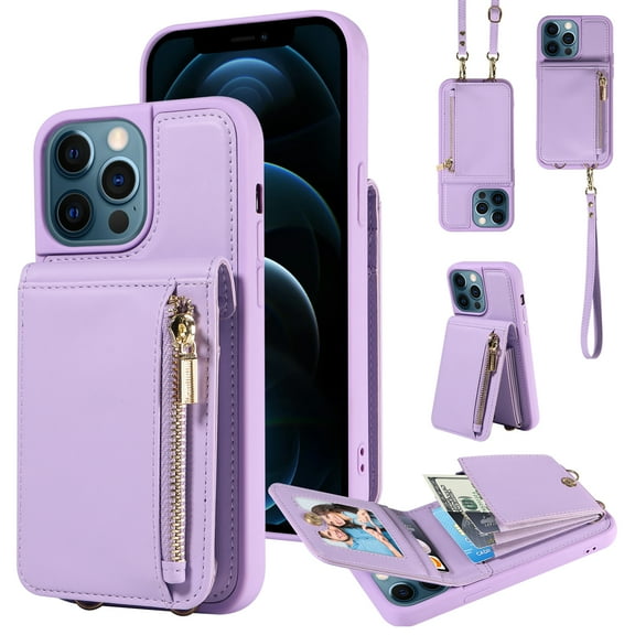 Nalacover RFID Blocking Wallet Case for iPhone 12 Pro Max, Shockproof PU Leather Magnetic Button Zipper Purse Card Slots & Kickstand Crossbody Phone Case with Shoulder & Wrist Strap,Purple