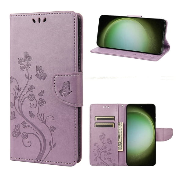 Allytech Wallet Case for Samsung Galaxy S23 Ultra 5G 6.8", PU Leather Butterfly Rose Embossed Flip Cover Stand Shockproof Protective Case for Women - Lightpurple