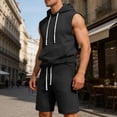 thumbnail image 6 of Hogleaql Mens Casual Tracksuit 2 Pieces Cotton Linen Short Sleeve Fashion Tshirts Hooded and Lounge Shorts Loose Fit Outfits Cozy Matching Sets with Pockets Black 3XL, 6 of 6