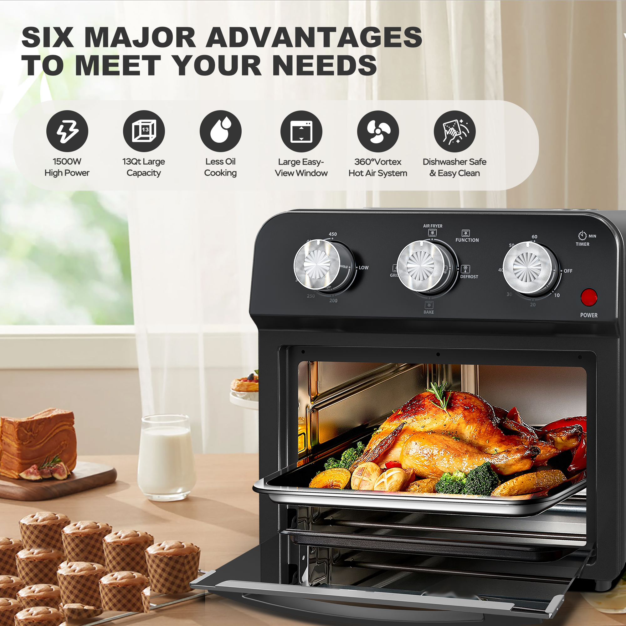 PlumChef 13 Quart 4 Slices Air Fryer Convection Toaster Oven, 1500W, 4 Cooking Modes, 7 in 1 Multifunction with Roast, Bake, Grill, Broil, Toast, Dehydrate, Defrost, Stainless Steel