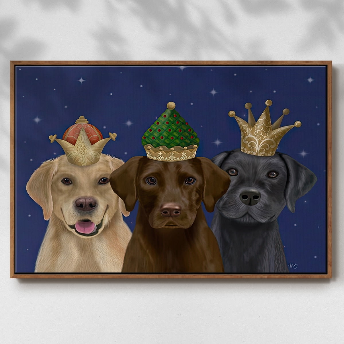 Christmas Labradors, Three Kings - Framed Gallery Wrapped Holiday Canvas - 25 x 37 - Rosewood Frame