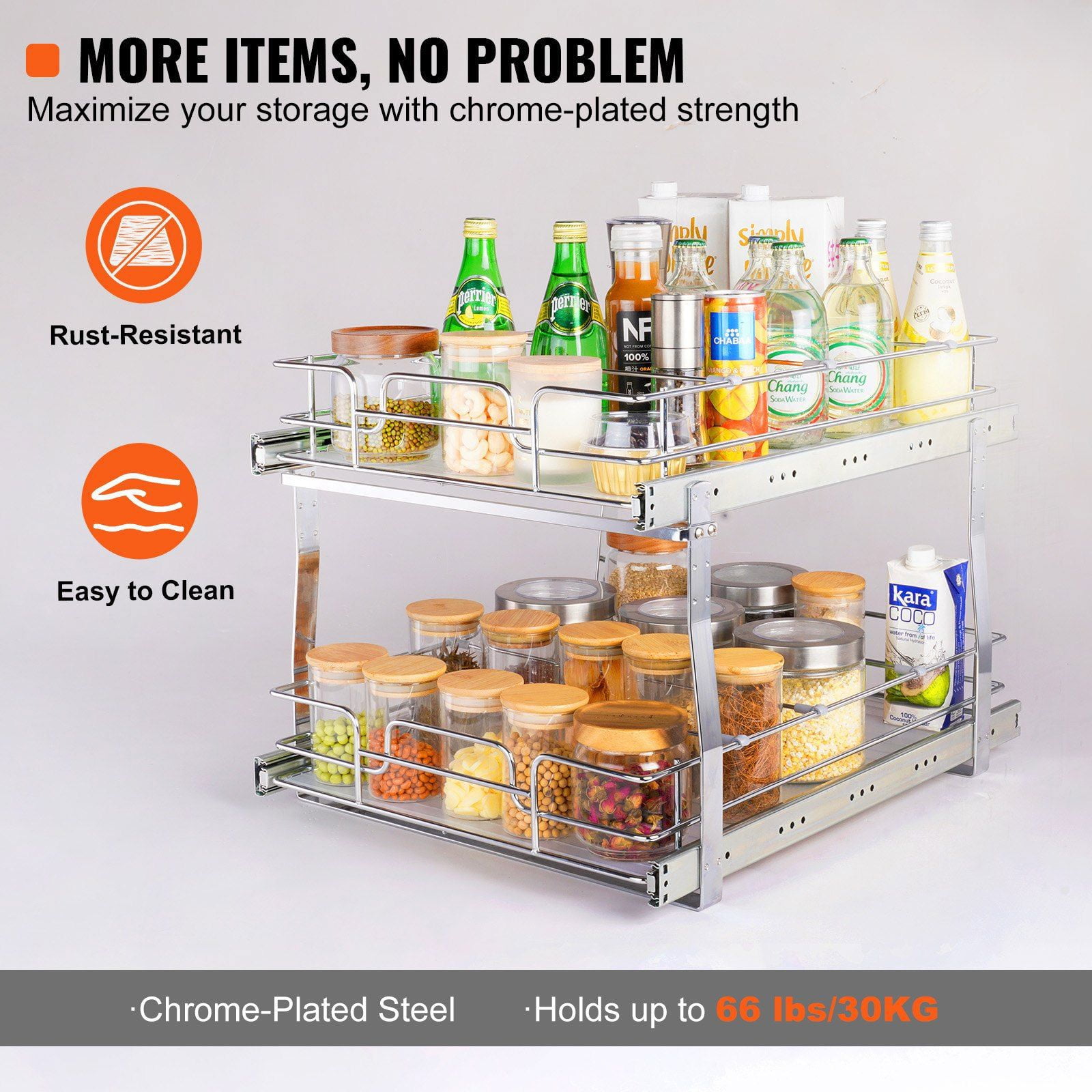 2-Tier Wire Pull Out Cabinet Under Sink Organizer, 1 pack Heavy Duty Slide out Drawer, Chrome-Plated Steel Roll Out Drawers for Home, Inside Kitchen Cabinet, Bathroom, Under Sink