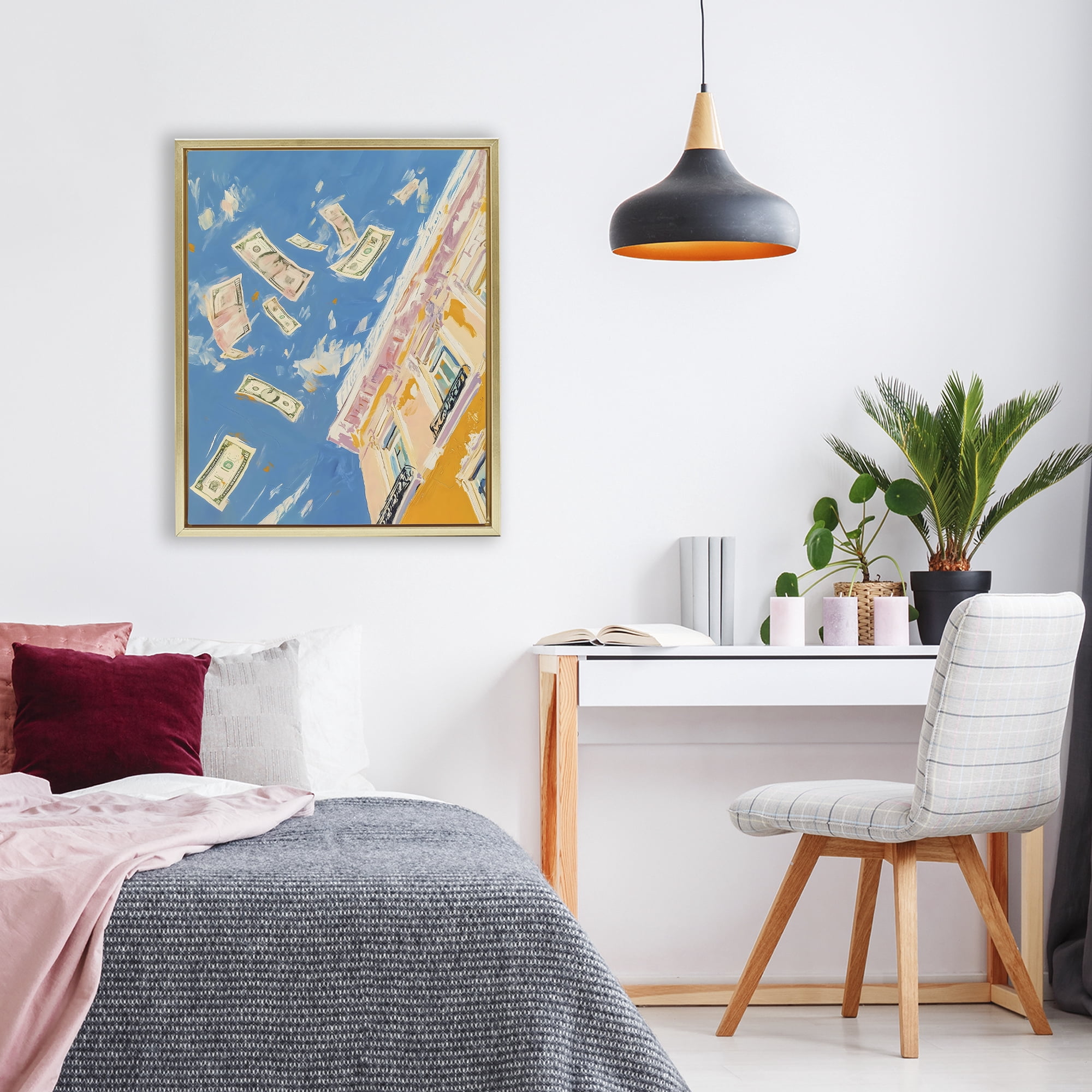 Stupell Industries Money Rain Drifting Past Windows Gold Framed Floater Canvas Wall Art, design by The Prints Vibe