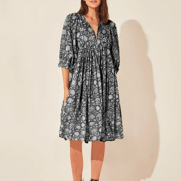 Blczomt Black Women's Dress 3/4 Sleeve Midi Floral Dressy Casual A Line V Neck Trendy Formal Dresses