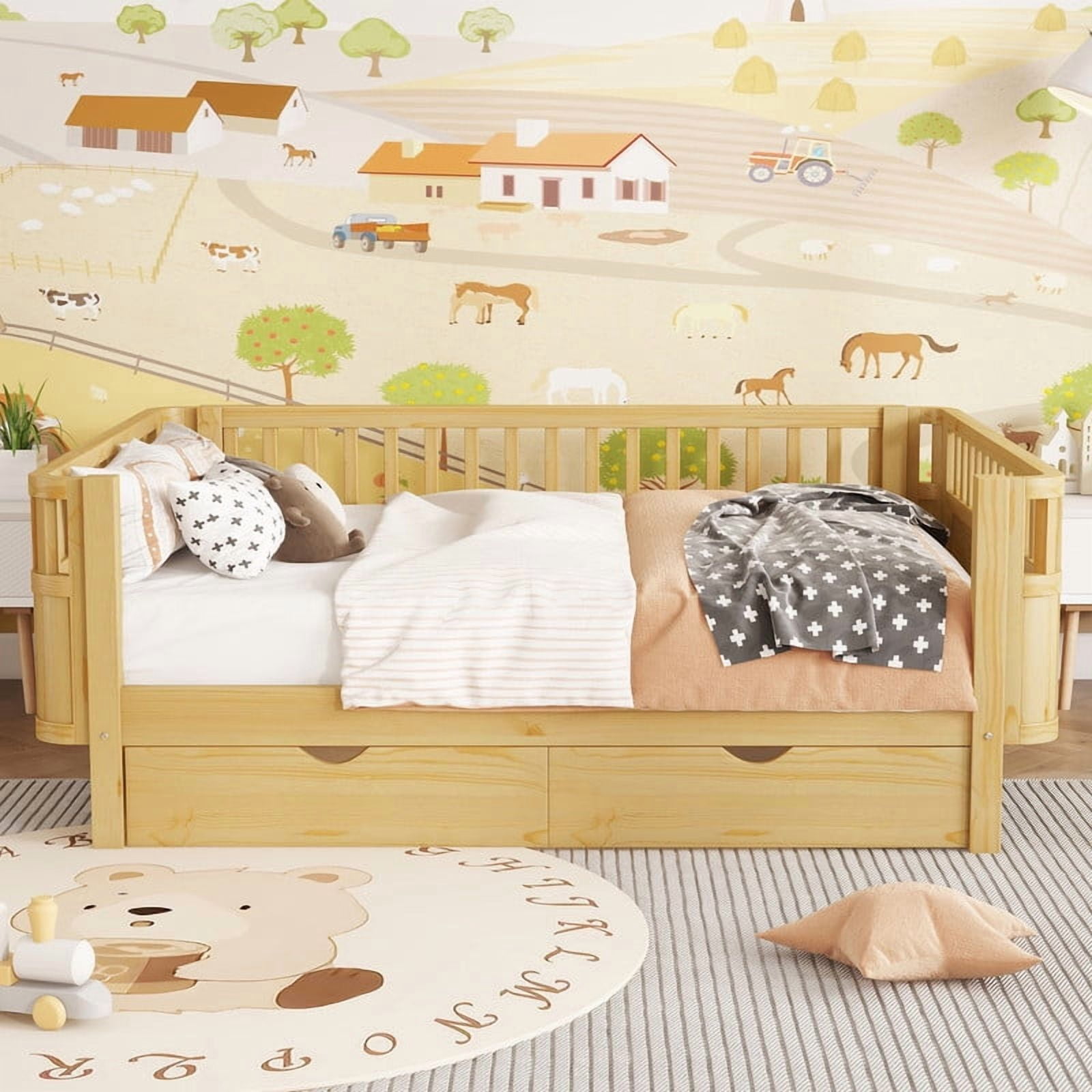 Full Size Bed Frame with Rails, Wood Montessori Bed Full with 2 Storage Drawers &Slats Support, Modern Daybed with Removable Bed Rails for Bedroom Living Room, Natural