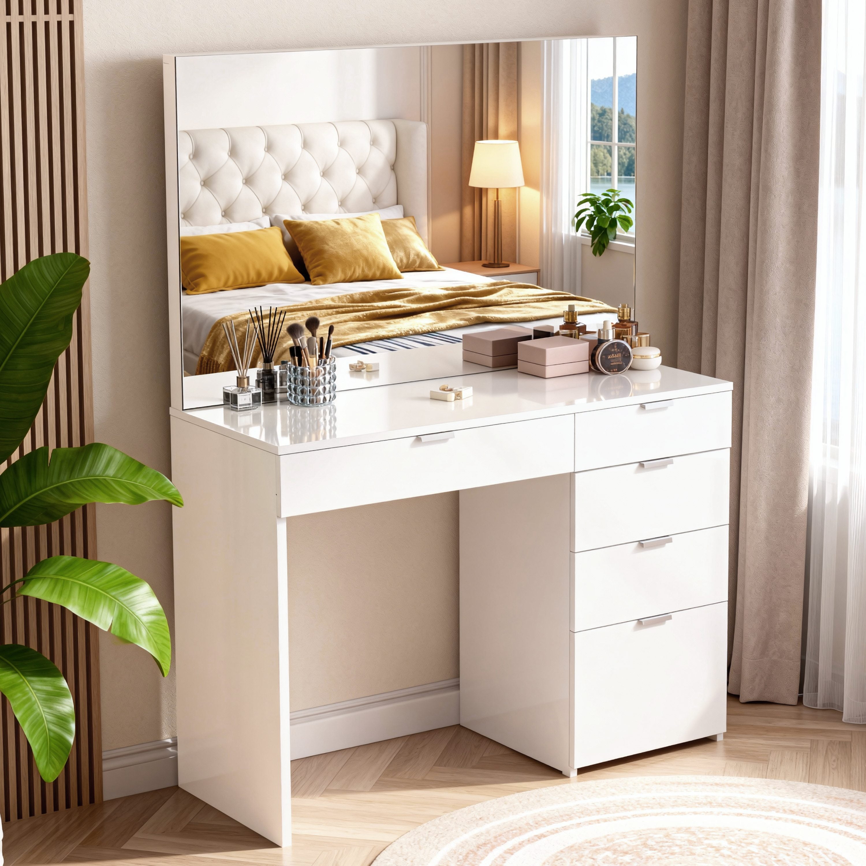 Vebreda Vanity Desk with Large Mirror and 5 Drawers for Bedroom, Dressing Room