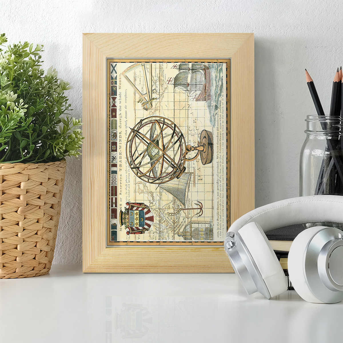 Nautical Map I -Framed Print w/glass-Natural Wood