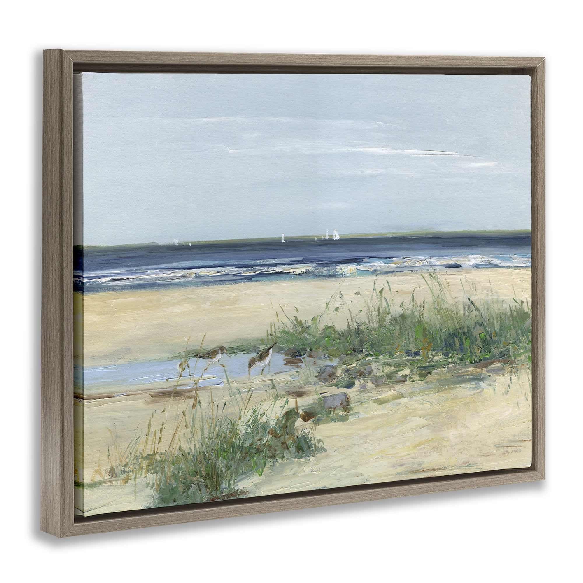 Stupell Industries Beach Marsh Sandpipers Brown Framed Floater Canvas Wall Art, design by Sally Swatland