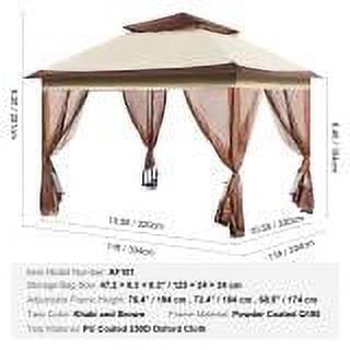 KFFKFF Patio Gazebo, 11 x 11 FT Pop up Gazebo Tent for 8-10 Person, with Mosquito Netting, Metal Frame, and PU Coated 250D Oxford Cloth, Outdoor Canopy Shelter