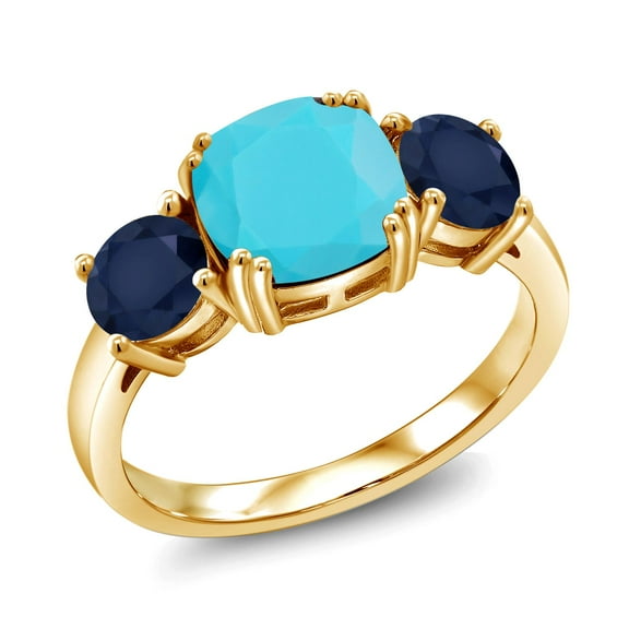 Gem Stone King 18K Yellow Gold Plated Silver Green Turquoise and Blue Sapphire 3 Stone Engagement Ring for Women (3.20 Cttw, Gemstone, Cushion 8MM, Size 9)
