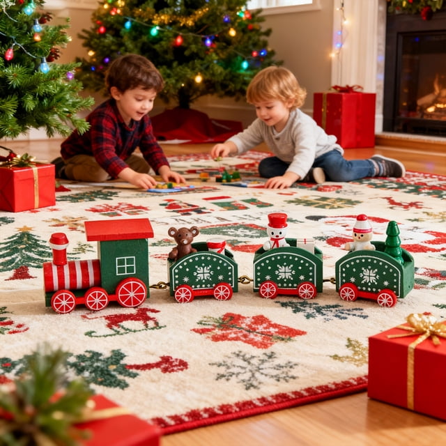 Juego de figuras de tren navideño de madera | Decoración navideña de escritorio | Adornos de madera multicolor | Decoración para estanterías y hogar | Idea de regalo navideño