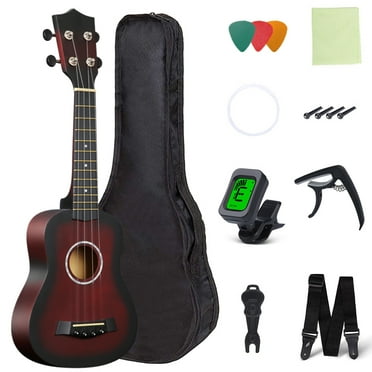21 Inch Soprano Ukulele for Beginners, Professional Bassood Ukelele Kit With Nylon Gig Bag, Strap, Clip-on Digital Tuner, Extra Strings, Small Starter Hawaiian Guitar Ukalelee Instrument Bundle Kit
