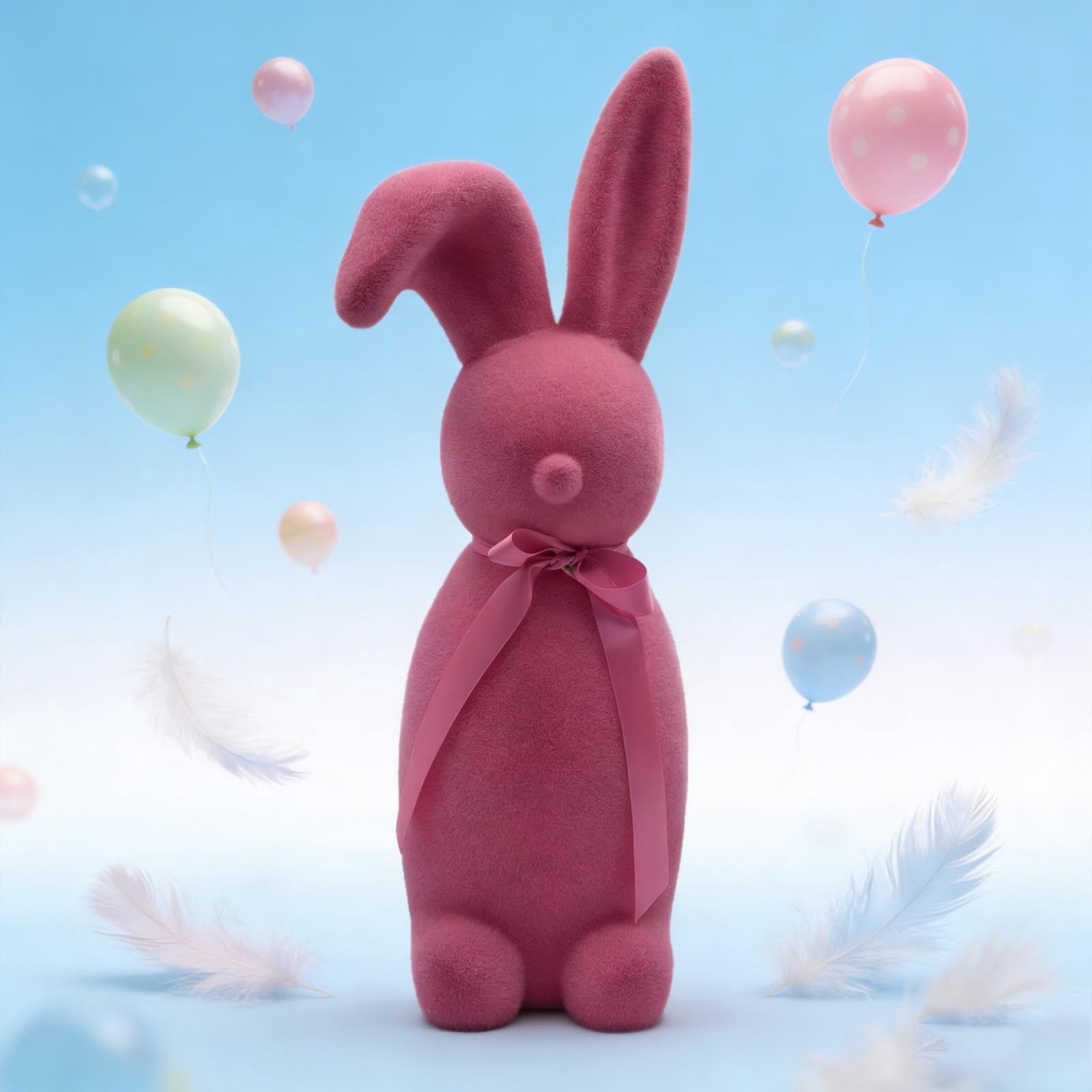 Pink Flocked Easter Bunny, Soft Velvet Foam Figurine, Freestanding Tabletop Holiday Decor, for Spring Display, Party and Home Decor, 12.2x7.09x7.09 Inches