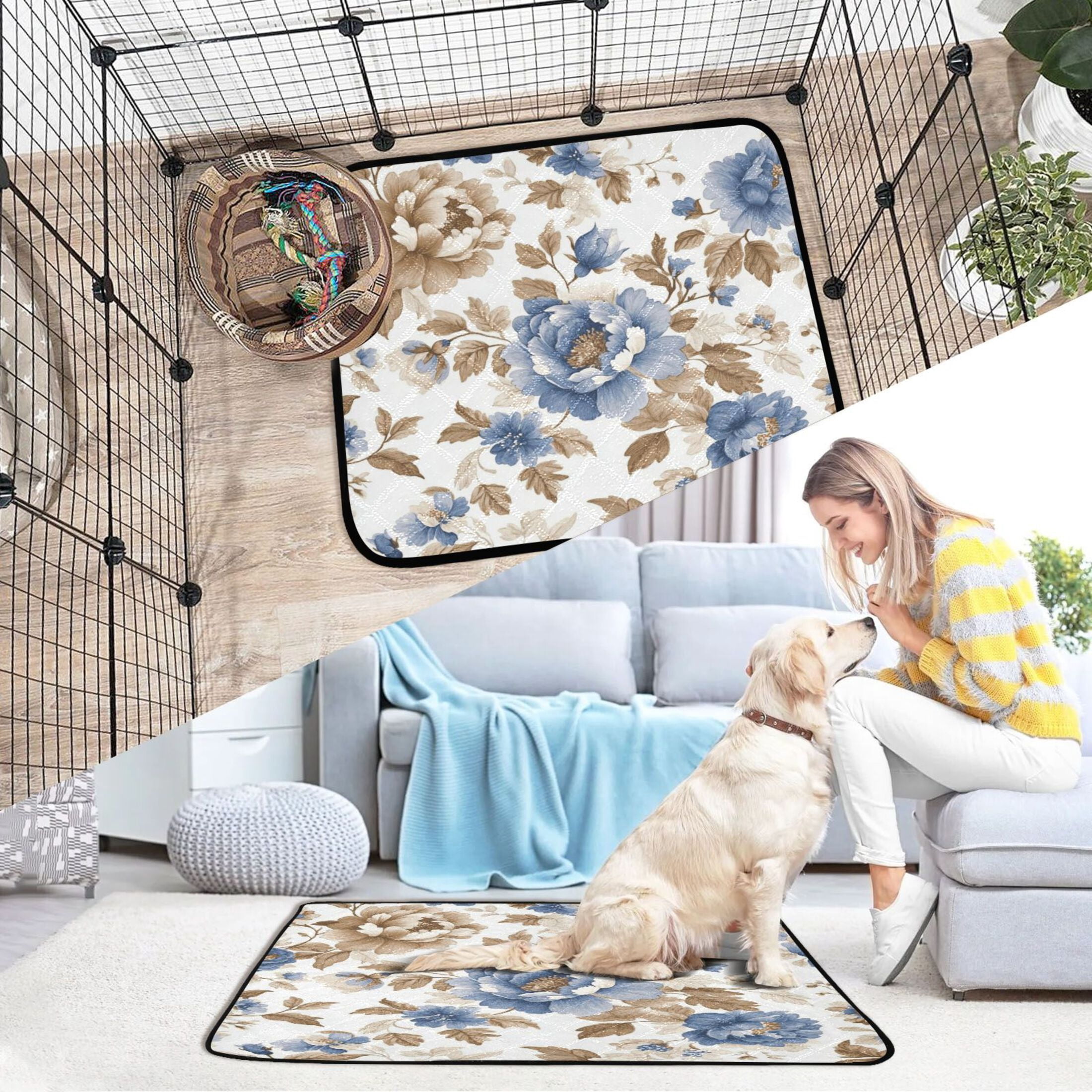 Qxltty Blue Peonies Dead Leaves Cat litter Pads Pet Set of 3 Diaper Mats Center Anti-leakage Layer Absorbent Soft and Comfortable