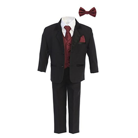 Little Gents Boys Tuxedo Suit Black with Burgundy Vest - Toddler Tuxedo for Wedding and Communion - Modern Fit (Size 5)