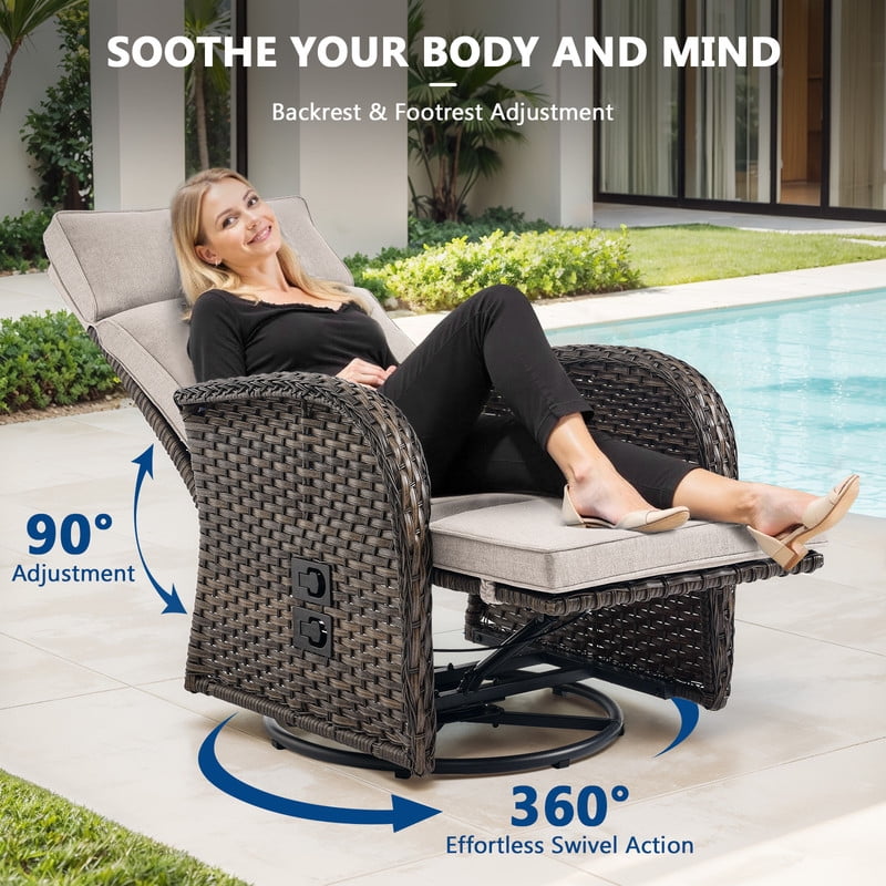 3-Piece Patio Swivel Recliner Chairs with Side Table, Outdoor Wicker Reclining Lounge Chairs with Adjustable Back and Footrest, Rattan Outdoor Furniture Set with Beige Cushions