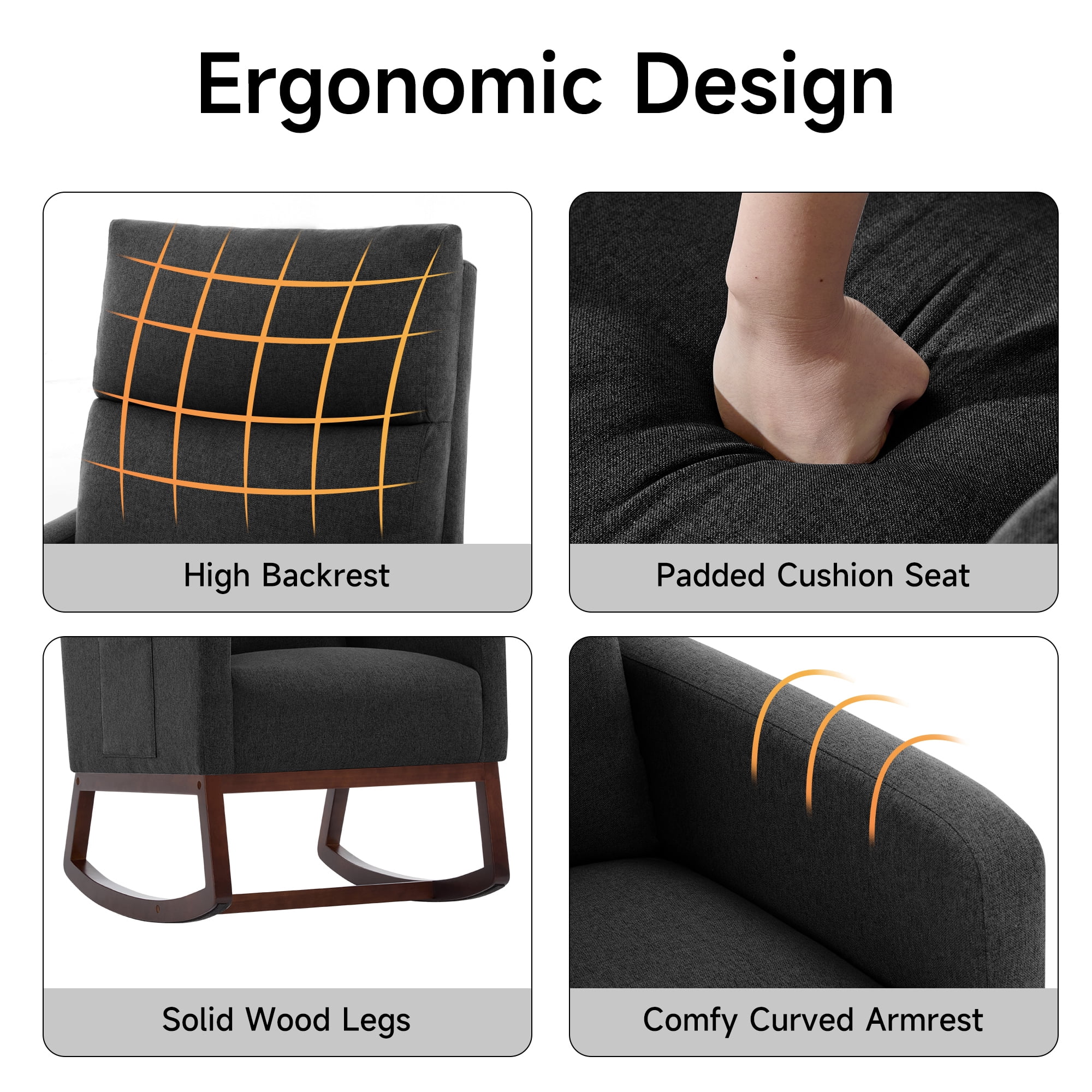 AUNEKIV Rocking Chair Nursery, Upholstered Accent Rockers, Nursing Glider Chairs for Bedroom, Black