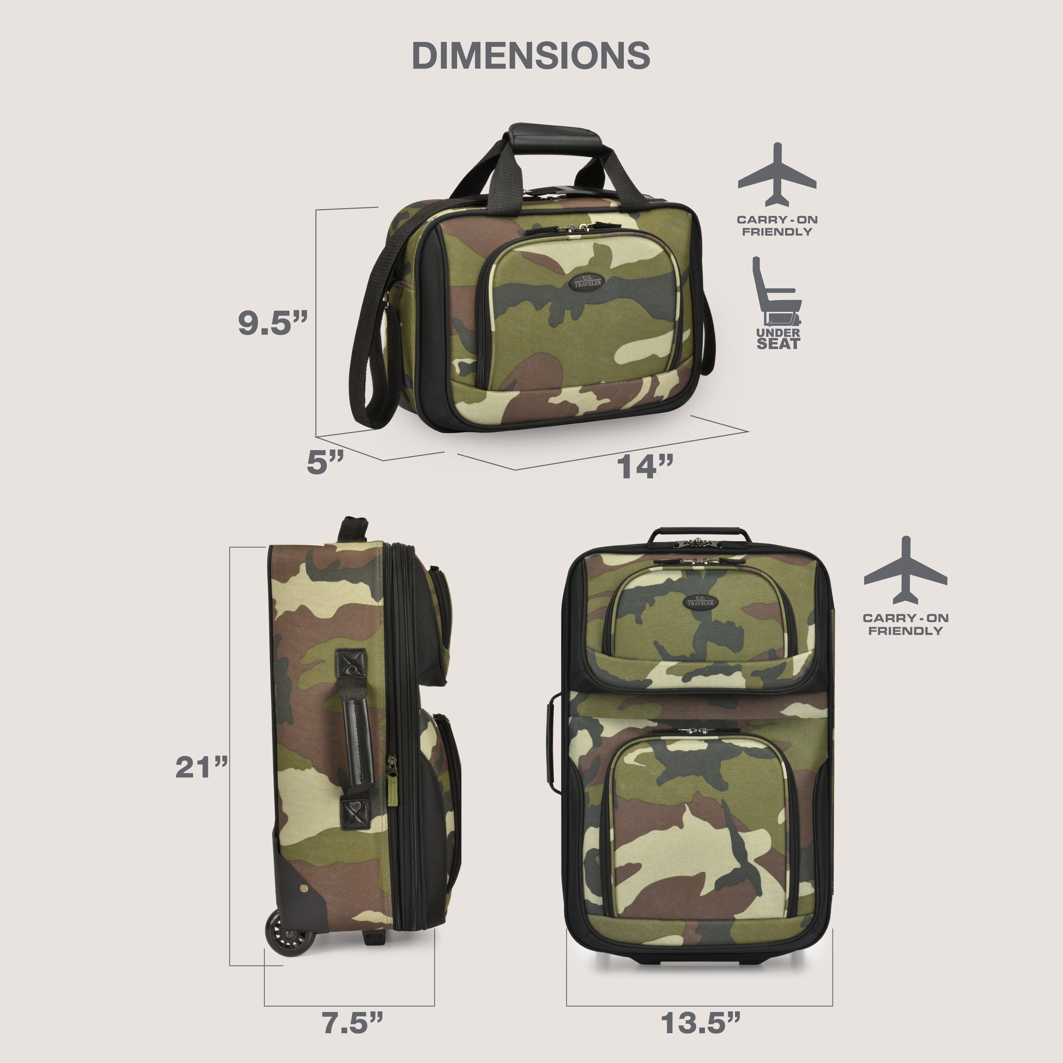 U.S. Traveler Rio Rugged Fabric Expandable Carry-on Luggage, 2 Rolling Suitcase, Camouflage, 2-Piece