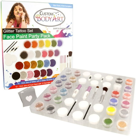Custom Body Art 24 Face Paint Color Party Pack Glitter Tattoo Set 30 Stencils