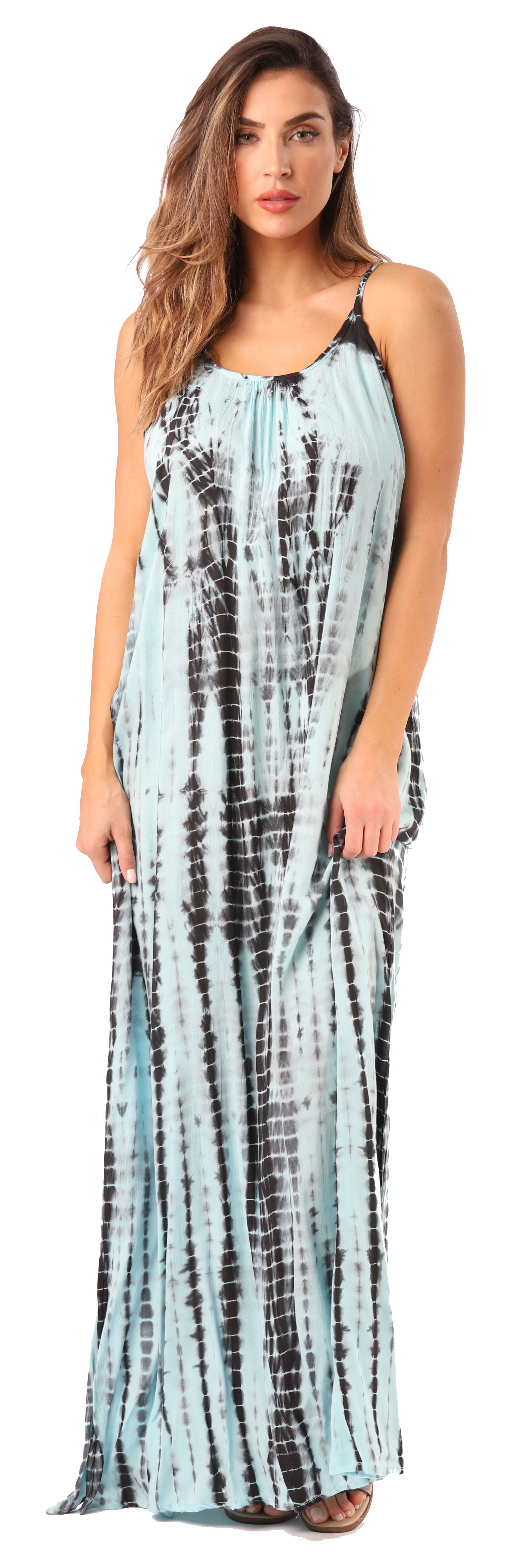 Riviera Sun Spaghetti Strap Maxi Dress - Tie Dye Rayon Beach Cover Up, Open Back, Side Slits, X-Large - View #3