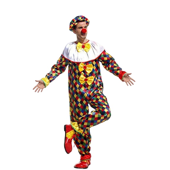 SJLDQY Carnival Mens Clown Dress Up Colorful Romper Jumpsuit With Hat Outfits Party Stage Performance Clothes Set