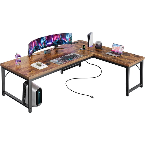 Amadwell 63 Inch Reversible L Shaped Desk with 0.95 Inch Thicker Desktop,Power Outlets Computer Desk,Corner Gaming Desk for Home Office, Metal Frame, Rustic Brown