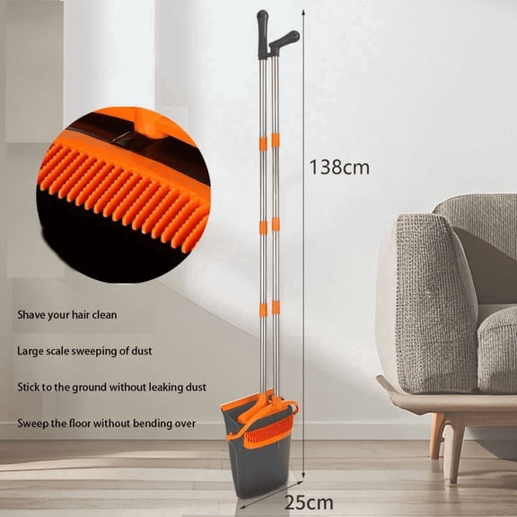 Broom and Dustpan Set for Home, Sturdy Plastic Cleaning Combo, Long Handle and Upright Standing Dust Pan for Office & Hard Floor Sweeping, Grey and Orange