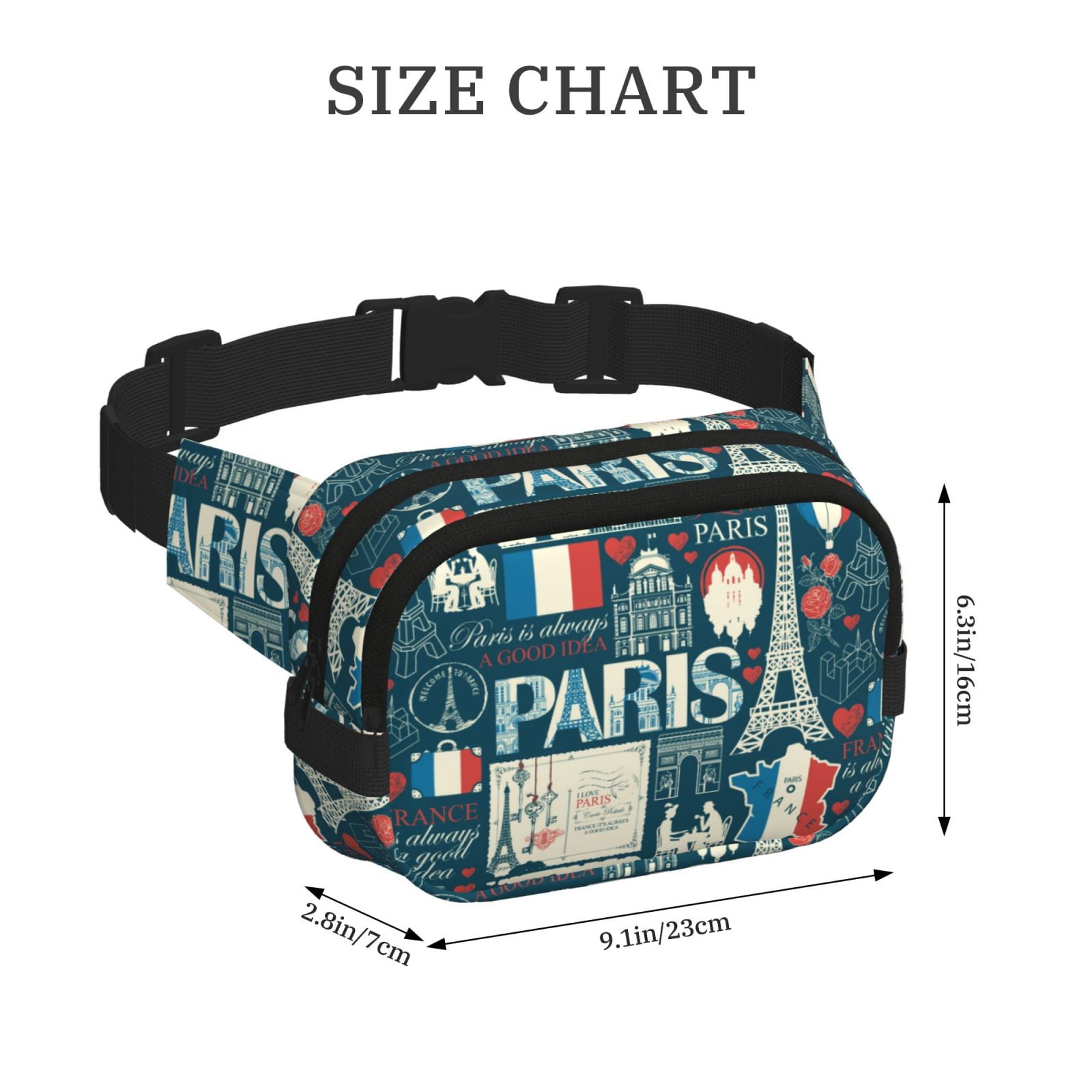 Picia France and Paris Print Square Double-Layer Waist Bag Mini Adjustable Waist Belt Bag Exercise Running Travel Hiking