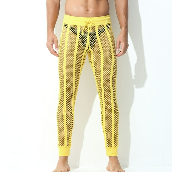 Xysaqa Men's Mesh Fishnet See-Through Pants Stretchy Muscle Workout Leggings Drawstring Lounge Pants