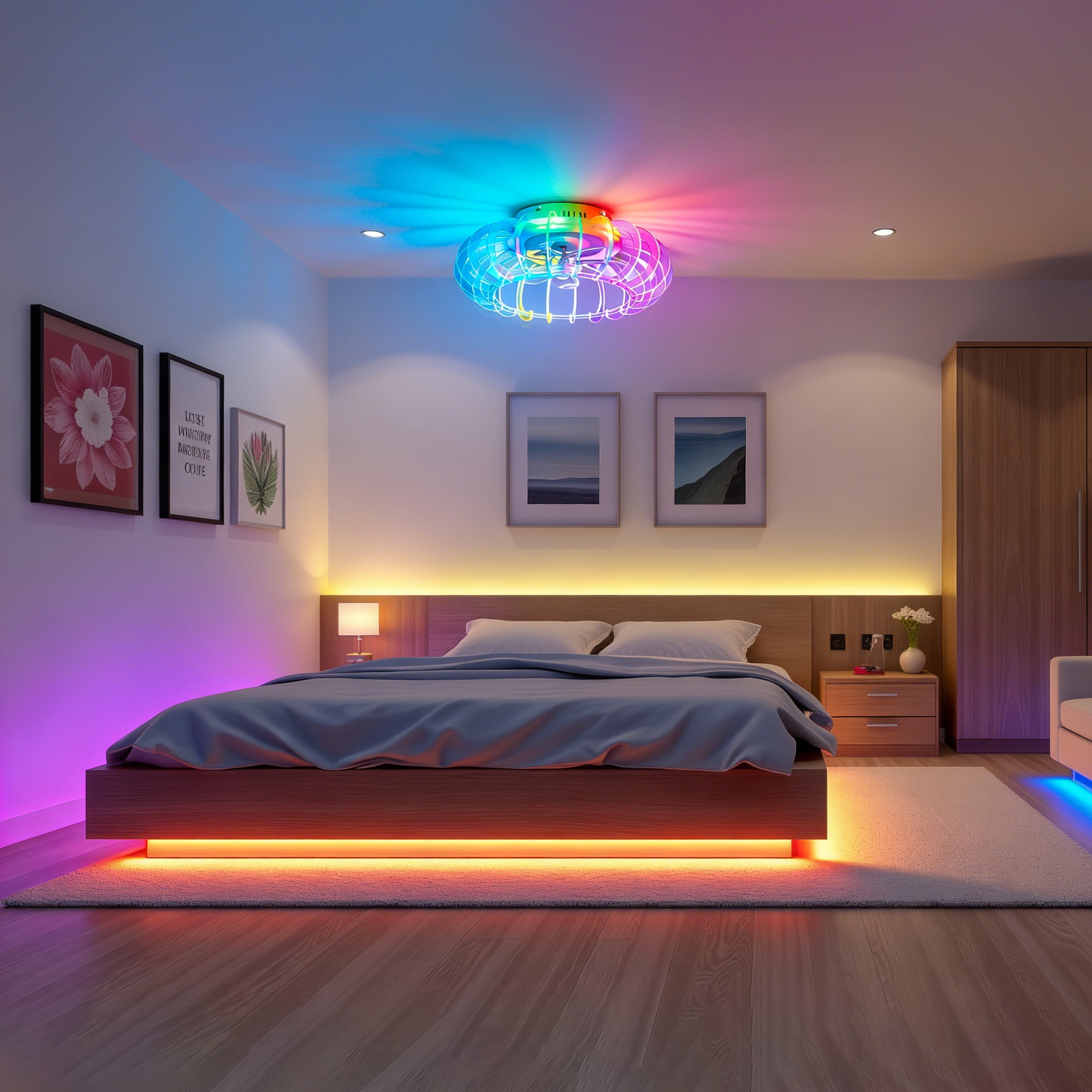 21" Low Profile Bladeless Ceiling Fan with Lights Dimmable LED Enclosed Ceiling Fans with Light and Remote 6 Wind Speeds Reversible Ceiling Fan with Bluetooth Speaker for Kids Room Bedroom Party