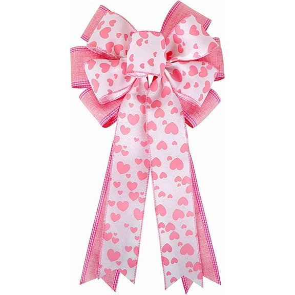 Janrevotw 2 Pcs Valentine Tree Topper Bow with Heart Decorations, 11.4”x19.6” Large Pink Valentines Wreath Bow Decor for Valentine's Day Wedding Holiday Party Wall Home Front Door Decorative