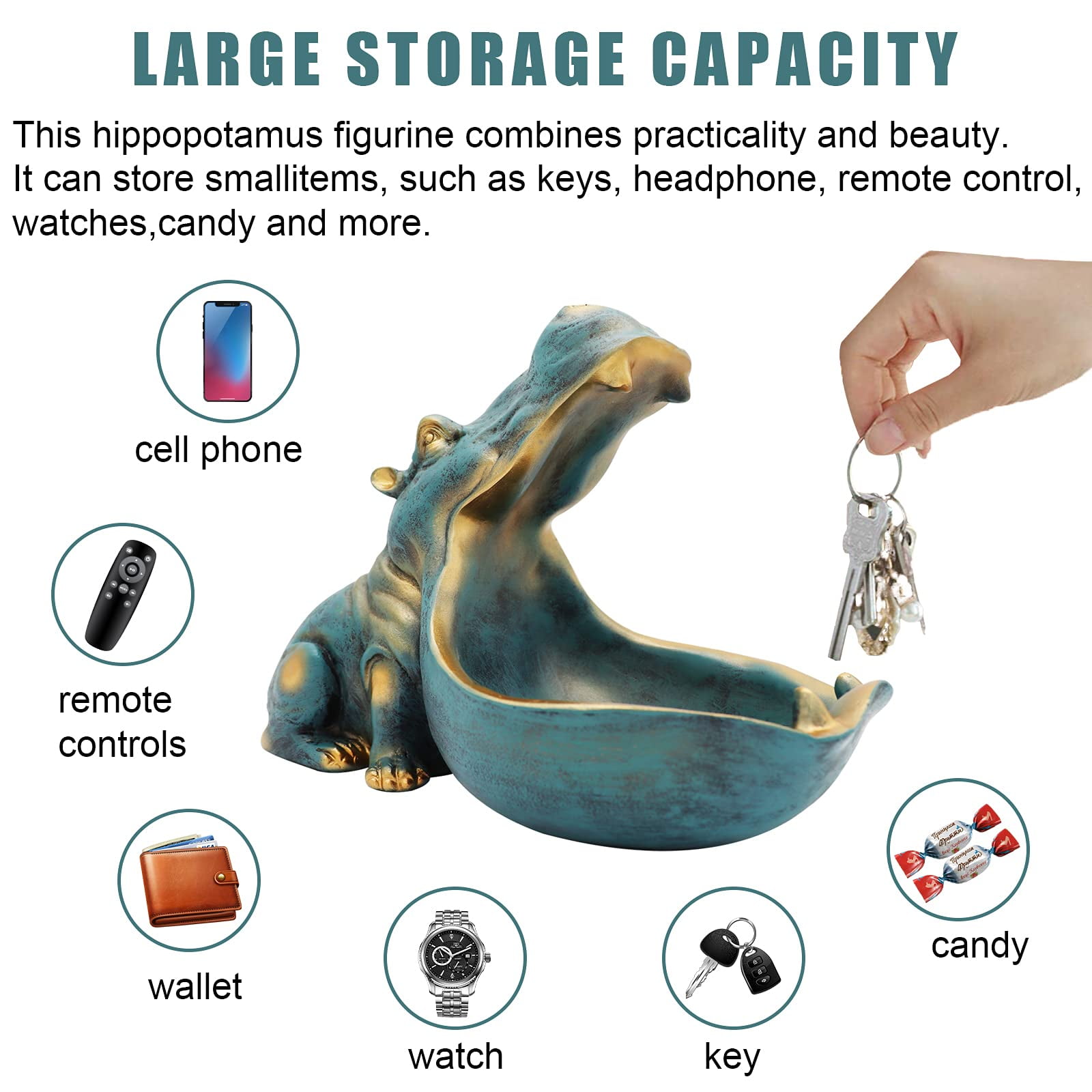 Hippo Statue, Large Hippopotamus Figurine Home Sculpture with Resin, Hippo Candy Jar, Candy Dish Bowl for Office Desk, Key Bowl for Entryway Table, Container Storage Art Decor Box (Dark Blue) image 3