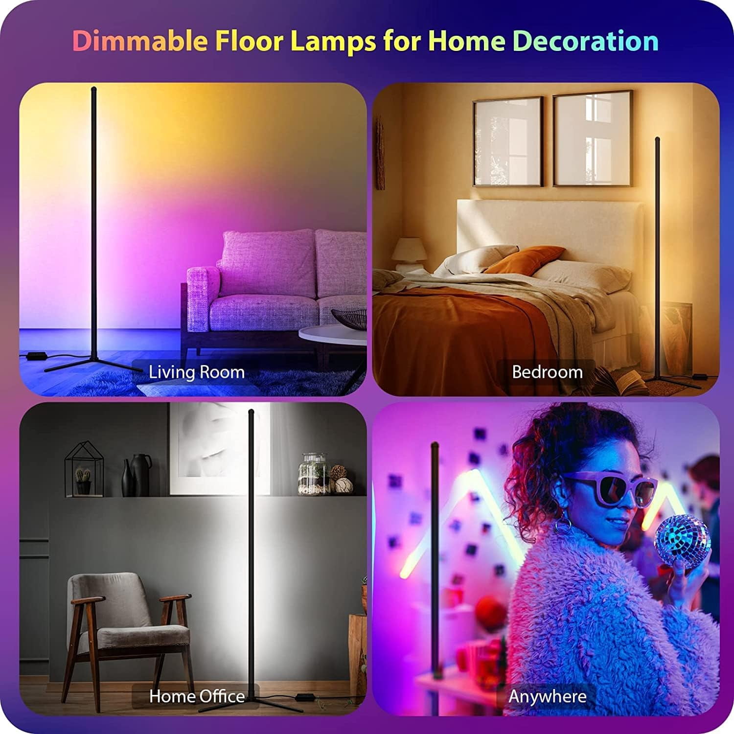 Melknoiy 60" Modern Remote Control Black Corner Floor Lamp