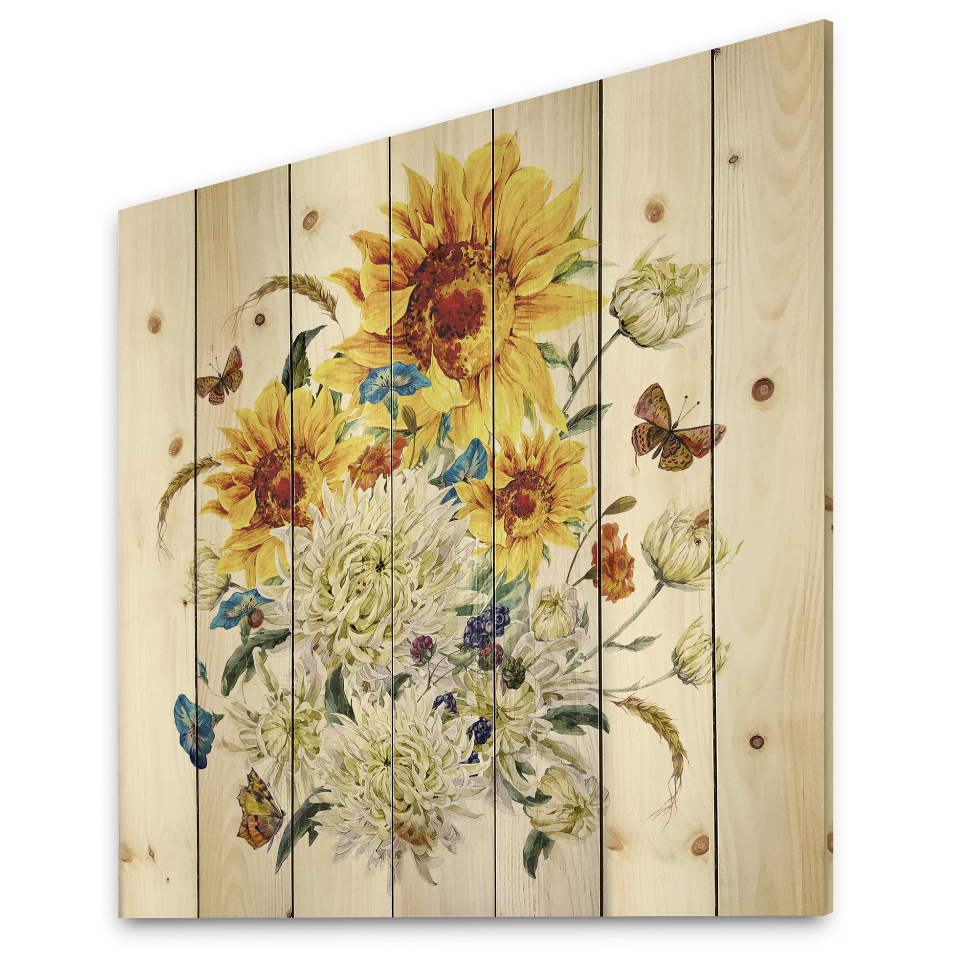 Designart 'Ancient Chrysanthemums and Sunflowers' Traditional Print on Natural Pine Wood