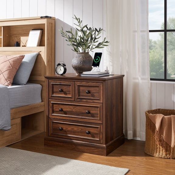 IFMUST Nightstand with Charging Station, 26"W Farmhouse End Table with 4 Storage Drawers, for Bedroom/Living Room, Brown